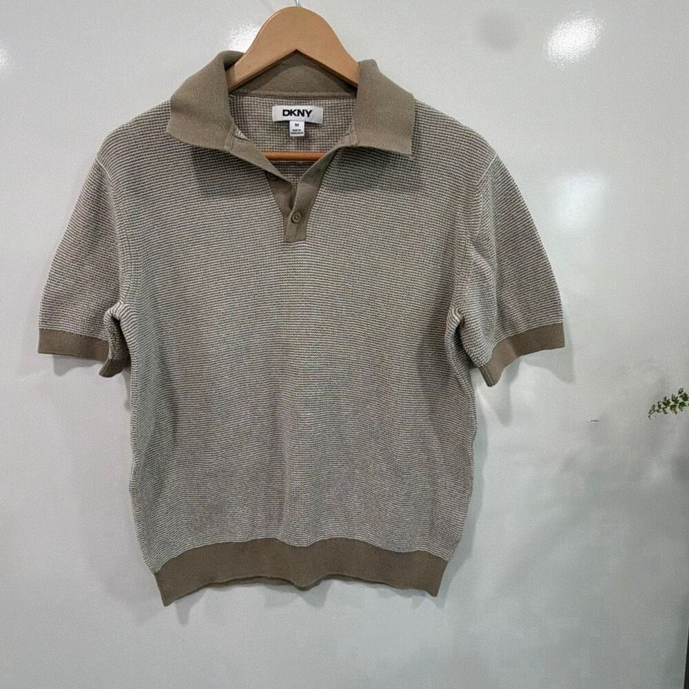 DKNY Mens Knit Polo Sweater Shirt Tan Medium